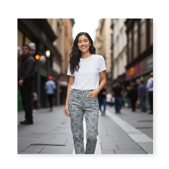 Vintage 90’s: Overdrive Jeans 𑁍 High Waist Rose Burnout Print 𑁍 Slate Grey 12 - Picture 15 of 16